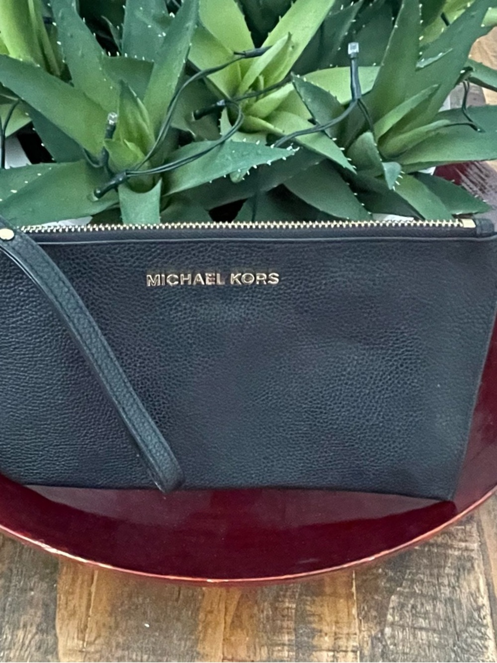 Michael Kors Black Pebbled Leather Zip Wristlet with Gold Logo